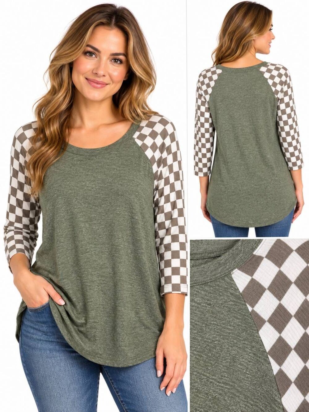 24/7 by Maurices XL Olive Check Raglan 3/4 Sleeve Top